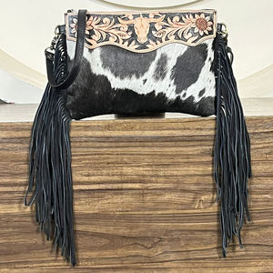 Personalised 2026 Genuine Cowhide Leather Crossbody Fringe <b>Bag</b> Handcrafted Floral & Bull Shoulder Purse Hair On Hide Wholesale - Product Image 4