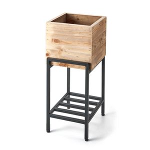 Jarrón Cuadrado de Madera con Base de Metal para Exhibición Floral, Macetero Moderno, Linea Exports Inc LE-MW0007 - Product Image 1
