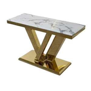 Table console moderne de luxe en faux marbre blanc avec pieds en métal doré en forme de X, élégante table rectangulaire pour couloir ou accent de canapé - Product Image 5