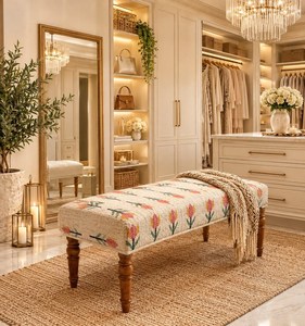 Banco Otomano Rústico Tapizado de Lana y Yute Hecho a Mano con Diseño Floral para Dormitorio, Cabecera de Cama o Entrada - Product Image 2