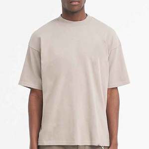 T-shirt en coton beige pour homme, coupe ample, col rond, manches courtes, style décontracté streetwear, basique - Product Image 1