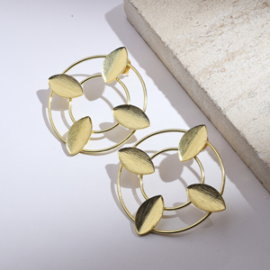 Gold Plated Alloy Stud Earrings Women's Geometric Leaf Pattern Circle Design Party Jewelry Trendy Fashion - Product Image 3
