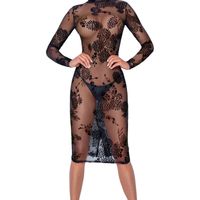Robe moulante noire à fleurs en maille pour femme, manches longues, col montant, transparente, ajustée, pour soirée, sexy et tendance