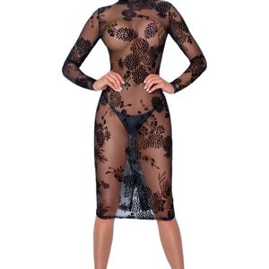 Vestido ajustado de malla floral negro para mujer, manga larga, cuello alto, transparente, para fiesta, sexy y a la moda - Product Image 5