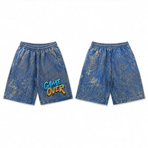 Shorts Bermuda en Coton pour Homme avec Imprimé Game Over, Taille Élastique, Style Denim Délavé, Tenue Décontractée d'Été - Product Image 1