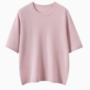 T-shirt en tricot à col rond et manches courtes pour femme, couleur unie, coupe ample, respirant, style minimaliste, pour le printemps et l'été - Product Image 1