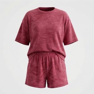 Conjunto de 2 Piezas para Mujer, Shorts de Algodón Acordonado, Cuello Redondo, Manga Corta, Color Sólido, Corte Holgado, Casual, por Encima de la Rodilla, Ropa de Verano - Product Image 1