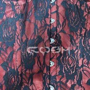 Corset sexy en satin rouge pour la Saint-Valentin avec superposition florale noire, dos réglable à lacets et fermeture avant à agrafes - Product Image 4