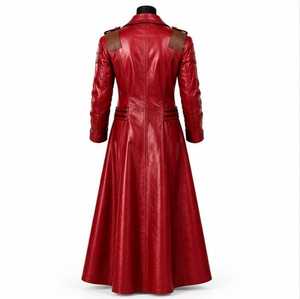 <b>Men's</b> Red Leather Long Trench Coat Zipper Lapel Overcoat with <b>Belt</b> and Rivet Decoration X-Long - Product Image 5