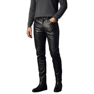 Men's <b>Black</b> Faux Leather <b>Pants</b> Slim Fit Trousers Distressed Waxed Finish Casual Streetwear by amrid leather - Product Image 4