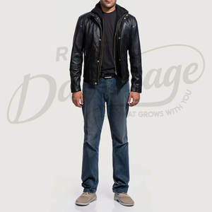 Chaqueta de Cuero Negra para Hombre, Estilo Motero, con Capucha Desmontable, Corte Ajustado, Cuero Genuino, Informal, para Motocicleta, Ropa de Calle - Product Image 5