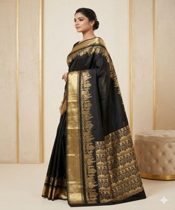 Sari de seda licuosa con bordado de fantasía y blusa sin coser, para uso diario, precio al por mayor, prenda étnica, negro 84992 - Product Image 2