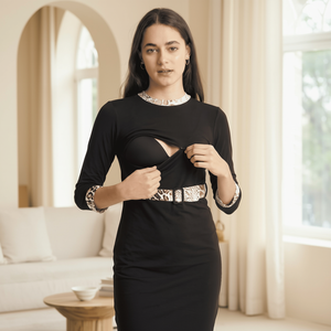 Robe longue de maternité et d'allaitement Bmama Classy, moulante, à manches longues, avec double fermeture éclair pour l'allaitement, taille à nouer, tenue de travail, vente en gros - Product Image 1