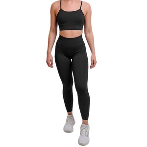 Ensemble de leggings et soutien-gorge de sport pour femmes, qualité supérieure, noir uni, tricoté en spandex/polyester, extensible, respirant, séchage rapide, coupe ajustée - Product Image 1