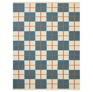 Alfombra de Área de Tejido Plano Geométrico Contemporáneo Hecha a Mano 100% Lana, Azul Marfil, Pelo Medio, para Sala de Estar, Lavable, con Respaldo Reversible - Product Image 3