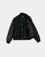 Blouson bomber varsity personnalisé pour femme en laine noire et cuir – Corps en laine de qualité supérieure, manches en cuir, poignets côtelés et boutons-pression