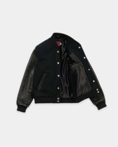 Chaqueta Bomber Varsity Personalizada para Mujer en Lana Negra y Cuero – Cuerpo de Lana Premium, Mangas de Cuero, Puños Acanalados y Botones a Presión - Product Image 6
