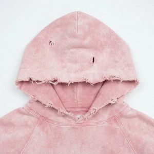 <b>Pink</b> Oversized Crop <b>Hoodie</b> Tie-Dye Cotton French Terry Unisex Pullover With Pocket And Distressed Details Autumn Style - Product Image 2