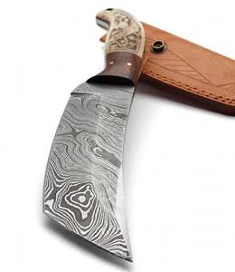 Couteau d'extérieur artisanal en acier Damas, manche en bois sculpté, outil de terrain à lame angulaire - Product Image 2