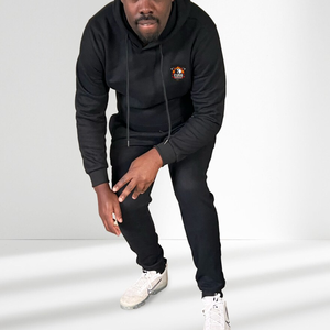 Ensemble de survêtement noir à capuche pour homme, grande taille, décontracté, avec logo imprimé, pantalon et sweat-shirt pleine longueur, couleur unie, tenue de jogging - Product Image 3