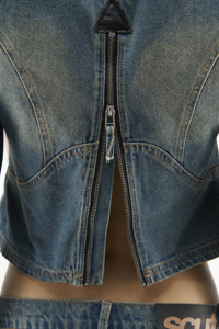 Women's <b>Cropped</b> <b>Denim</b> <b>Jacket</b> Moto Style High Neck Front Back Zipper Style Light Stonewashed Blue Skinny Fit Autumn Outerwear - Product Image 4