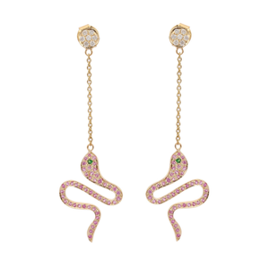 14K Gold Snake Chandelier Drop <b>Earrings</b> with Emerald and Pink Sapphires - Product Image 3