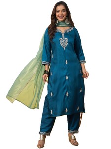 Ensemble Salwar Kameez en soie bleue traditionnelle avec poignets brodés et dupatta pour femmes, tenue décontractée, style Inde Pakistan - Product Image 1