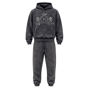 new 2026 Unisex Acid Washed Cotton Tracksuit Rhinestone Logo <b>Hoodie</b> Full Length Drawstring Pants Casual Wear Autumn Style - Product Image 3