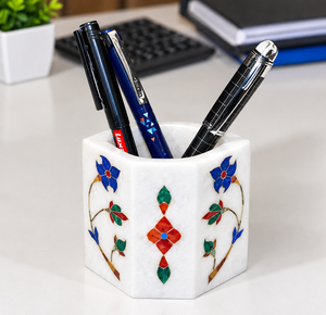 Porte-stylo en marbre blanc avec fleurs incrustées, support de stylo de bureau, organisateur de papeterie décoratif pour le bureau et la maison - Product Image 3