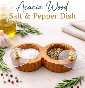 Best Quality Handcrafted Spice <b>Box</b> <b>Masala</b> Dabba Acrylic Lid with 2 Round Compartments & Spoon Acacia Wood Spice <b>Box</b> Set - Product Image 2