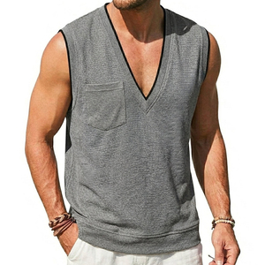 เสื้อกล้ามคอวีผู้ชายแบบปรับแต่งได้ มีกระเป๋า ขายส่ง คุณภาพสูง เสื้อผ้าลำลองแฟชั่นชายหาดฤดูร้อน - Product Image 3