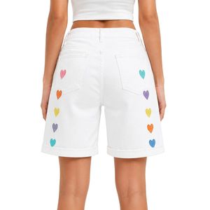 White <b>Rainbow</b> Heart Embroidered Women Denim Shorts High Waist Casual Loose Fit Rolled Hem Cotton Summer Fashion Jeans Shorts - Product Image 2