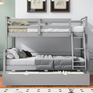 Letto a castello grigio con letto singolo sopra e letto matrimoniale, con scaletta e letto estraibile singolo, per bambini, con sponda di sicurezza - Product Image 3