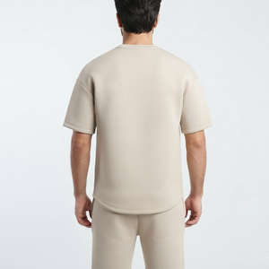 Ensemble T-shirt et short décontracté en coton beige pour homme avec impression de logo personnalisé, respirant, 2 pièces, col rond, manches courtes, idéal pour l'été - Product Image 6