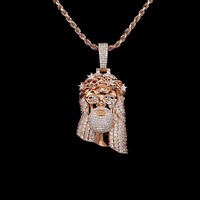 TAURUS JEWELS Collier unisexe en argent 925 plaqué rhodium avec pendentif visage de Jésus rose et breloque couronne, style Hiphop