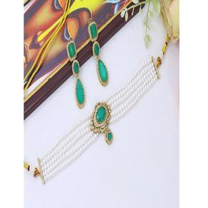 Parure Collier Ras-du-Cou et Boucles d'Oreilles en Plaqué Or de Haute Qualité avec Pierres Moissanite et Perles, Collection Mariage pour Femme - Product Image 1