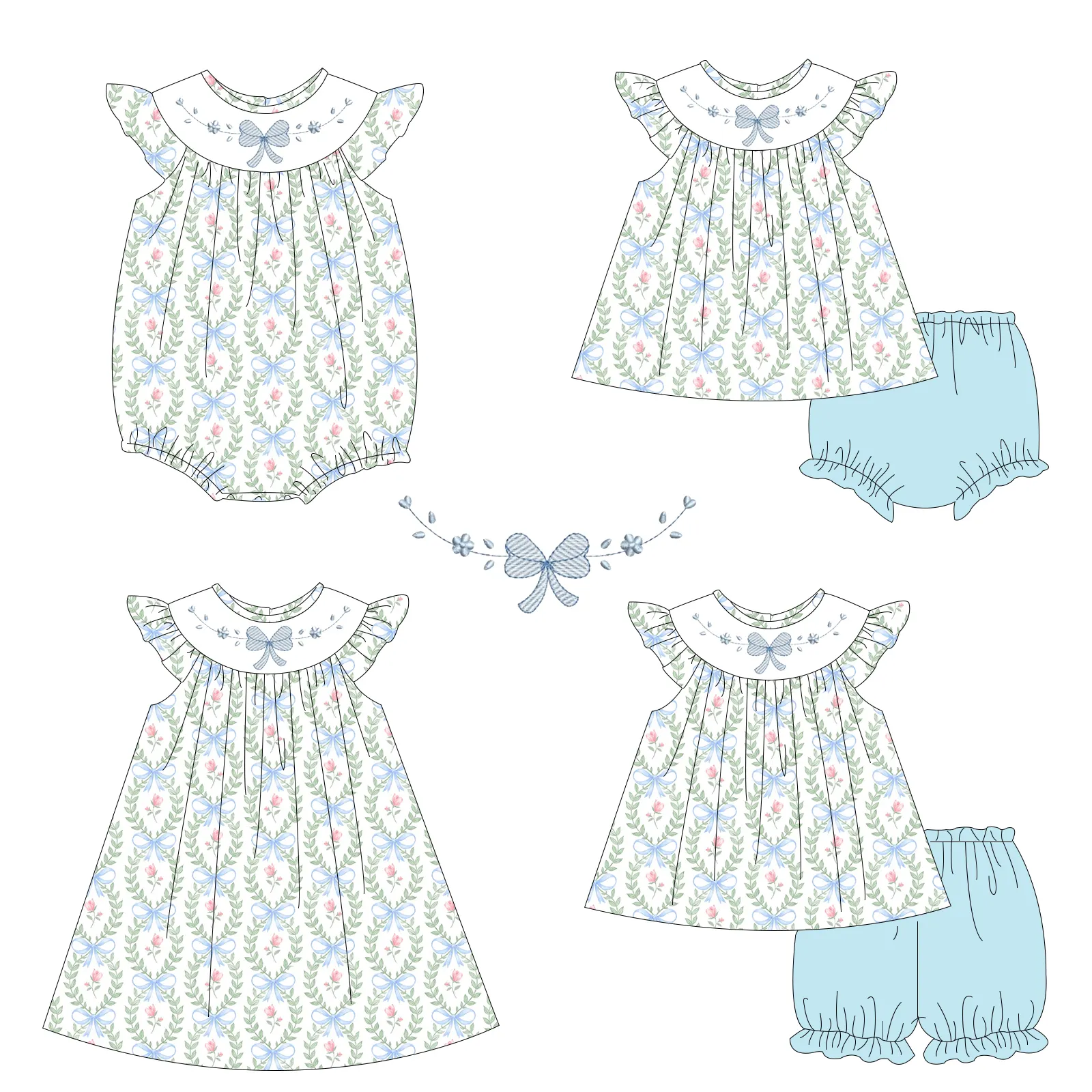 Conjunto de roupas infantis, conjunto de roupas para meninas com laço estampado, bordado,