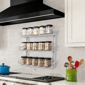 3 Layer Wall Mounted Spice <b>Rack</b> <b>Kitchen</b> Organizer Metal Wooden <b>Storage</b> Shelf Spice Jar Holder Modern <b>Kitchen</b> Decor From India - Product Image 2