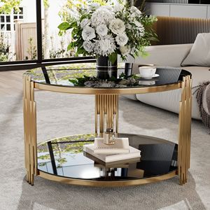 Modern Asymmetrical Metal Coffee <b>Table</b> with Black <b>Mirror</b> <b>Top</b> and Gold Finish Circular Metal Drum Base with Lower Shelf - Product Image 3