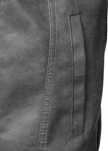 <b>Men's</b> Grey Ash PU Faux <b>Leather</b> Trucker <b>Jacket</b> Pointed Lapel Collar Dual Chest Flap Snap Pocket Center Front Zipper Casual - Product Image 5