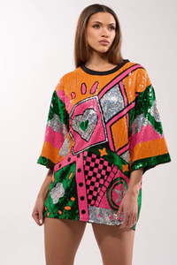 Oversized Women's <b>Sequined</b> Patchwork <b>T</b>-<b>Shirt</b> Short Sleeve Loose Fit O-Neck Glitter Print Spring Summer Woven Polyester <b>Dress</b> - Product Image 6