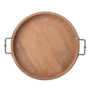Plateau rond en bois Oaktree avec poignées en métal, design rétro en bois massif, plat fait main, plateau de service en bois - Product Image 1