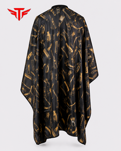 Cape de barbier noire personnalisée avec impression d'outils de barbier dorés, en polyester imperméable, pour salon de coiffure, unisexe adulte - Product Image 6