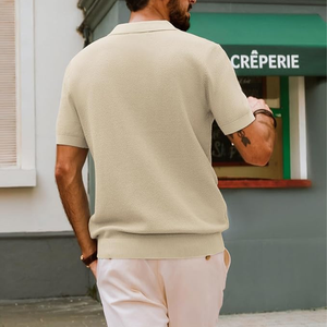 <b>Men's</b> Cream Short Sleeve Knitted Polo Shirt Solid Color Casual Breathable Regular Fit Collared Design - Product Image 6