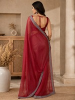 Sari en soie rouge élégant avec bordure argentée pour femme, tenue de mariage, longueur au sol, coupe classique, imprimé floqué du Bengale occidental, en stock