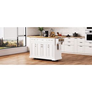 Carrello da Cucina Grande K K da 54 Pollici con 4 Ante, in Legno di Gomma, con Piano Ribaltabile e Texture Goffrata, su 4 Ruote - Product Image 5