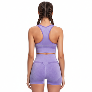 Women's Yoga Workout Set Blue High Waist Solid Ribbed Sleeveless Custom OEM Wholesale - Product Image 2