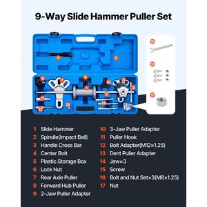 Set Estrattore a Martello Scorrevole a 9 Vie per 15 Estrattori di Ingranaggi, Kit Rimozione Mozzi Ruota Anteriore e Assale Posteriore con Estrattore Albero e Kit Utensili - Product Image 2