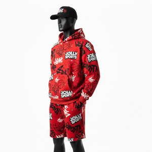 Ensemble sweat-shirt et short pour homme, haute qualité, tissu polaire 280 GSM, rouge, blanc, noir, imprimé sur toute la surface, logo personnalisé. - Product Image 4