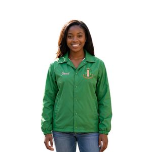 Green Women Snap Front <b>Coach</b> Jacket with Green Embroidered Crest Long Sleeve Casual Lightweight Outerwear Comfortable Daily Wear - Product Image 1